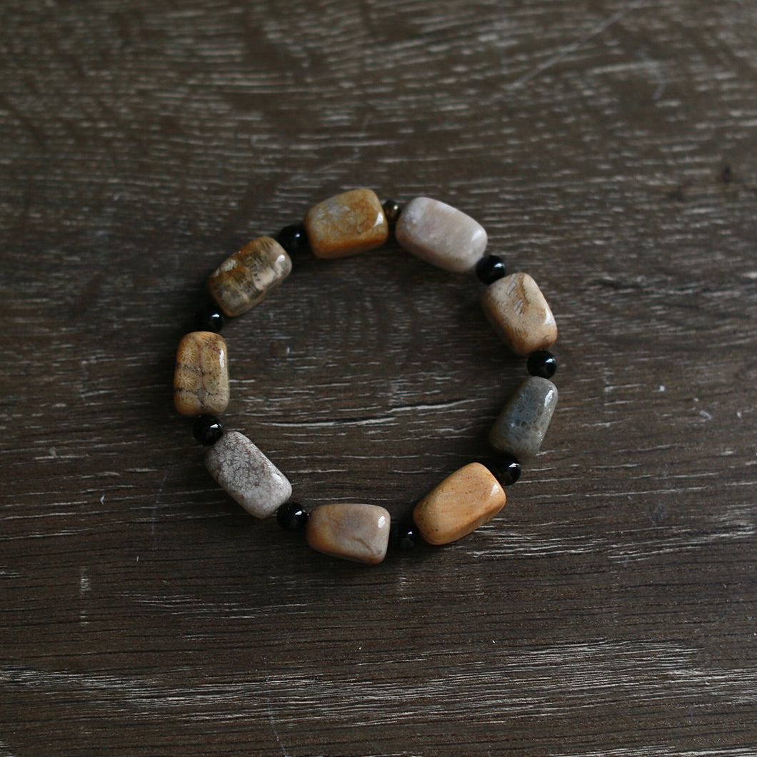 Fossil Coral Agate & Black Tourmaline Bracelet